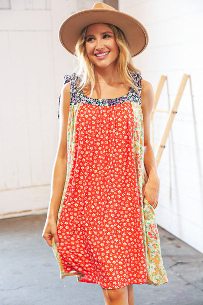 Melon Floral Color Block Shoulder Tie Knot Swing Dress