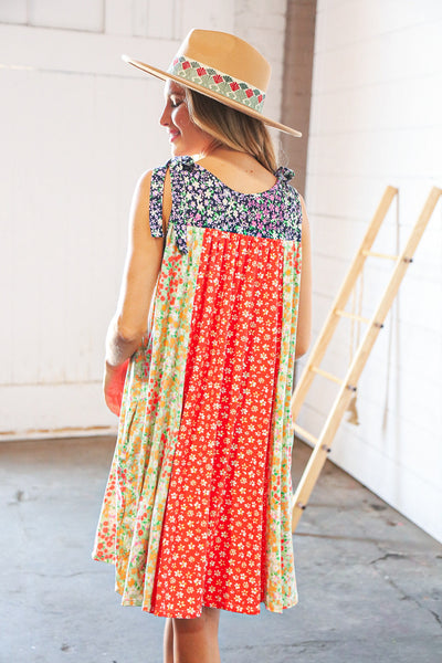Melon Floral Color Block Shoulder Tie Knot Swing Dress