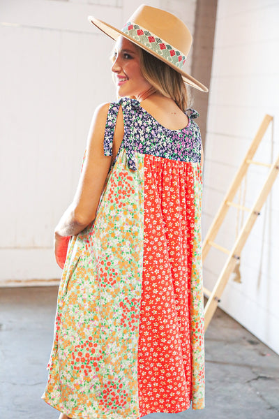 Melon Floral Color Block Shoulder Tie Knot Swing Dress