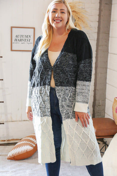 Ombre Black & White Cable Color Block Open Maxi Cardigan