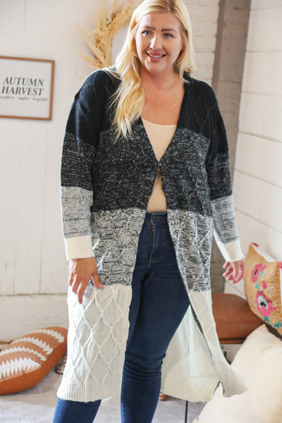 Ombre Black & White Cable Color Block Open Maxi Cardigan