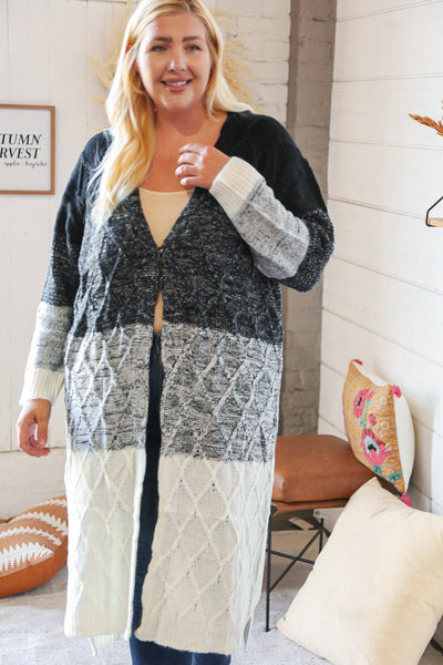 Ombre Black & White Cable Color Block Open Maxi Cardigan