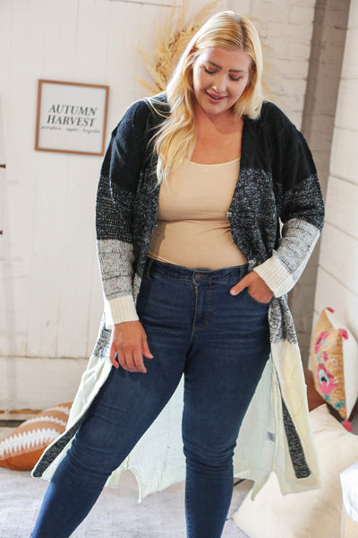 Ombre Black & White Cable Color Block Open Maxi Cardigan