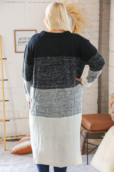 Ombre Black & White Cable Color Block Open Maxi Cardigan