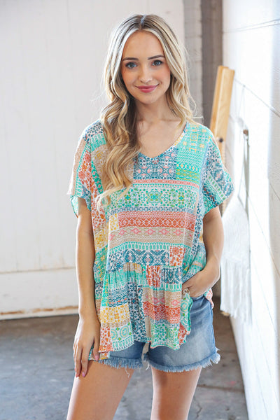 Boho Patchwork Print Rayon Challis V Neck Blouse