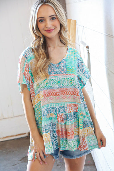 Boho Patchwork Print Rayon Challis V Neck Blouse