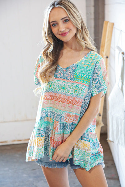 Boho Patchwork Print Rayon Challis V Neck Blouse