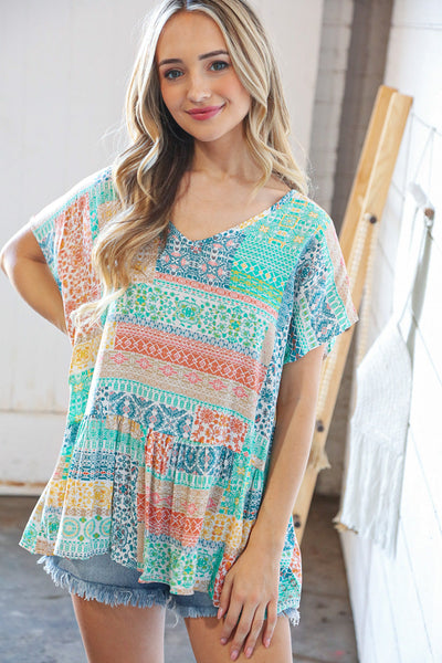 Boho Patchwork Print Rayon Challis V Neck Blouse