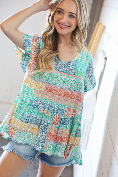 Boho Patchwork Print Rayon Challis V Neck Blouse