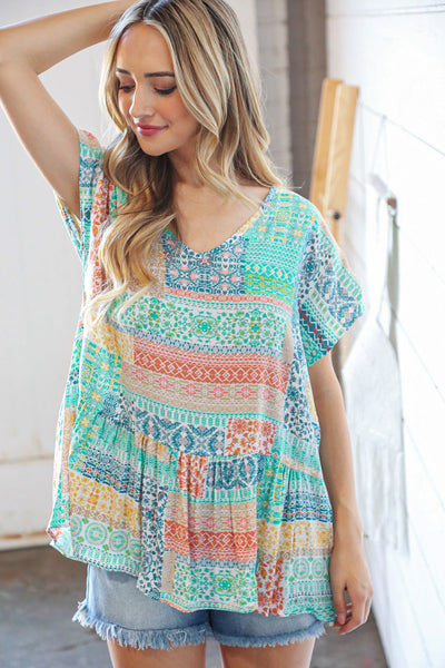 Boho Patchwork Print Rayon Challis V Neck Blouse