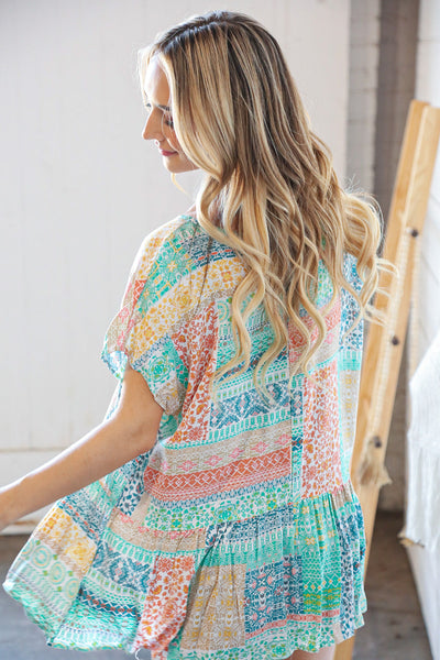 Boho Patchwork Print Rayon Challis V Neck Blouse