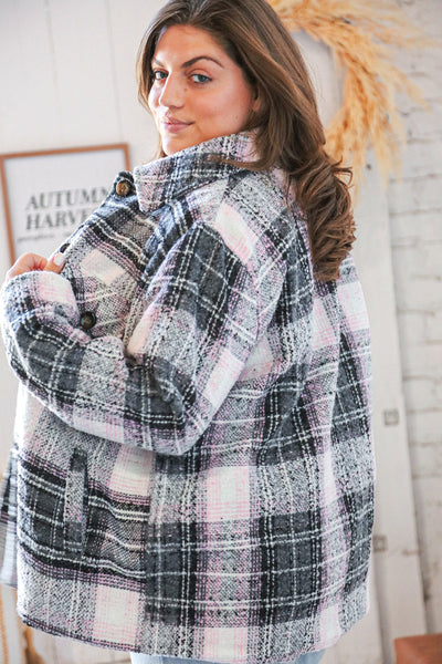 Pink/Black Flannel Plaid Pocketed Oversize Jacket