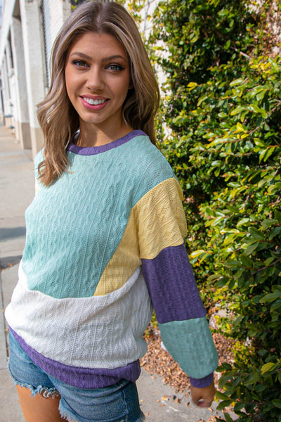 Teal Color Block Cable Oversized Knit Sweater