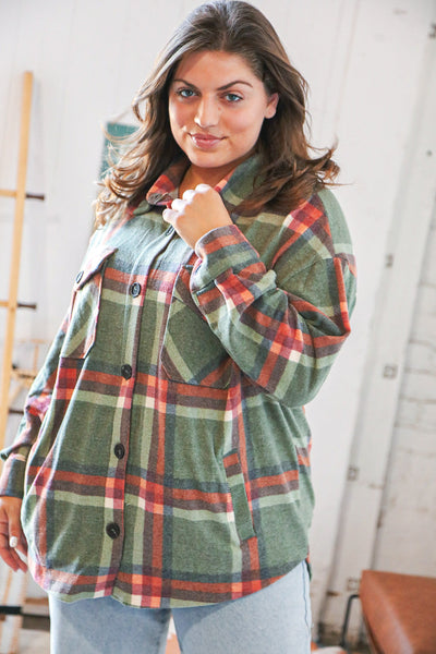 Dark Olive Hacci Plaid Button-Up Pocketed Shacket