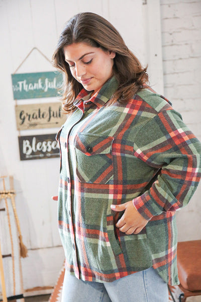 Dark Olive Hacci Plaid Button-Up Pocketed Shacket