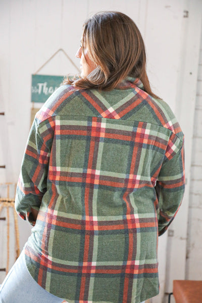 Dark Olive Hacci Plaid Button-Up Pocketed Shacket