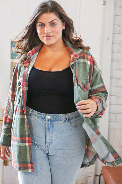 Dark Olive Hacci Plaid Button-Up Pocketed Shacket