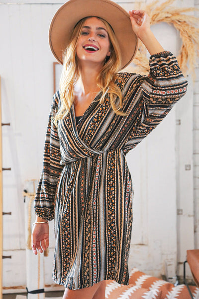 Stripe Floral Surplice Elastic Waist Dress