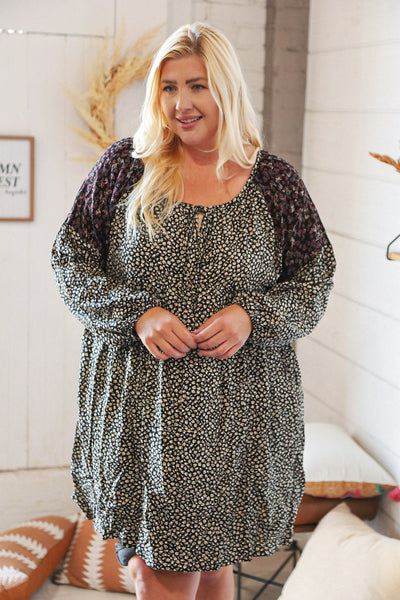 Black Ditzy Floral Bubble Sleeve Keyhole Woven Dress