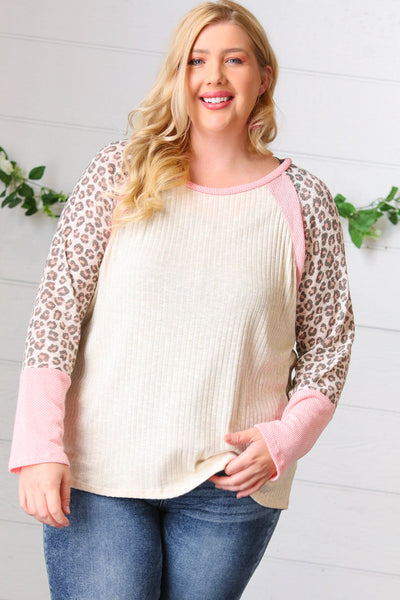 Coral Animal Print Two Tone Raglan Top
