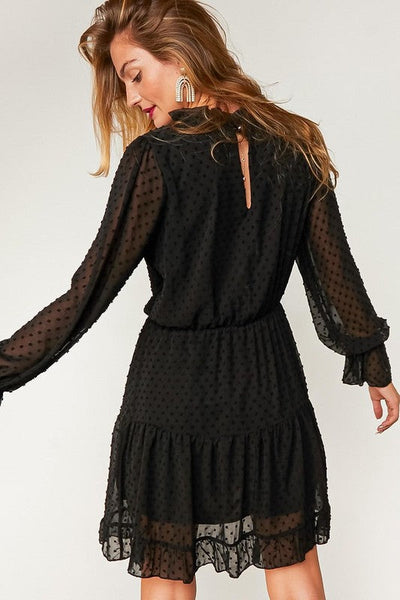 Black Swiss Dot Ruffle Hem Chiffon Dress