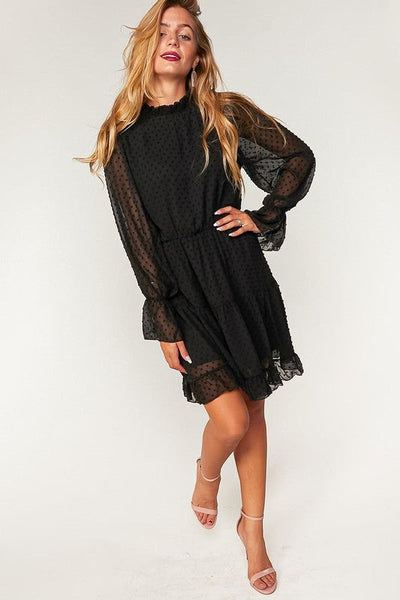 Black Swiss Dot Ruffle Hem Chiffon Dress