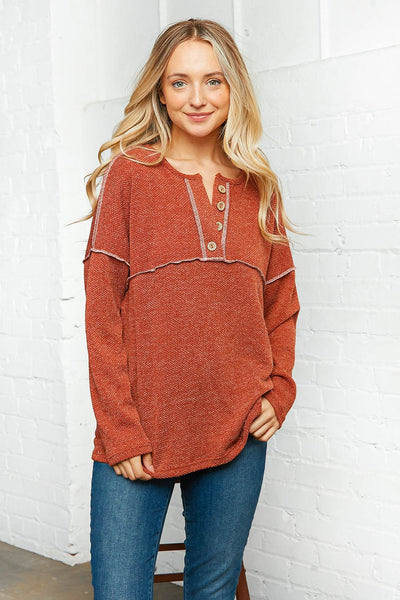 Rust Textured Out Seam Button Down Sweater Top