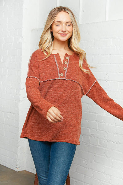 Rust Textured Out Seam Button Down Sweater Top