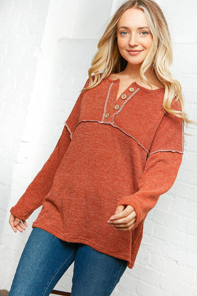 Rust Textured Out Seam Button Down Sweater Top