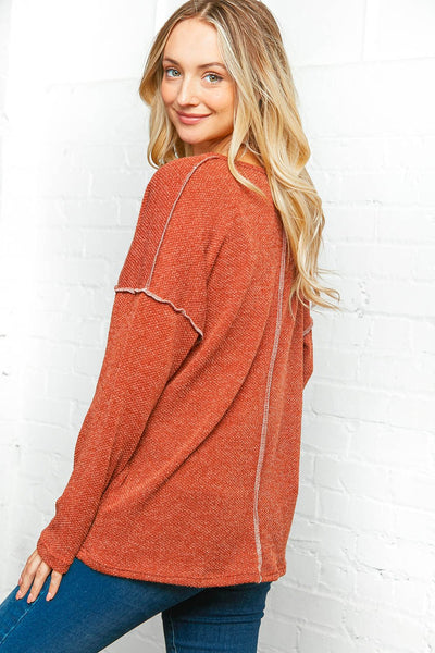 Rust Textured Out Seam Button Down Sweater Top