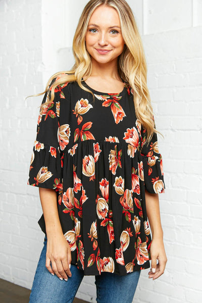 Floral Babydoll Ruffle Bell Sleeve Top