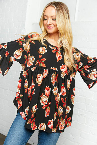 Floral Babydoll Ruffle Bell Sleeve Top