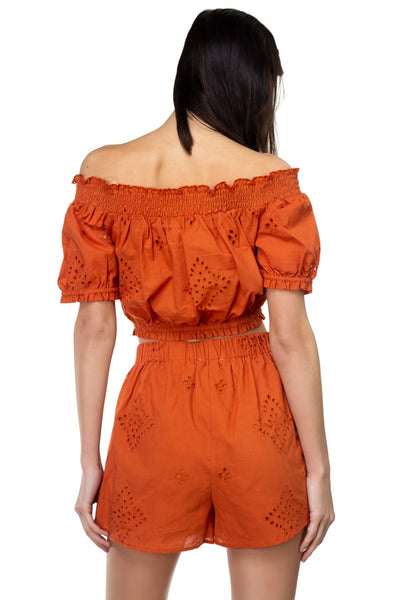 Smocked Off Shoulder Top & High Waist Eyelet Shorts Set
