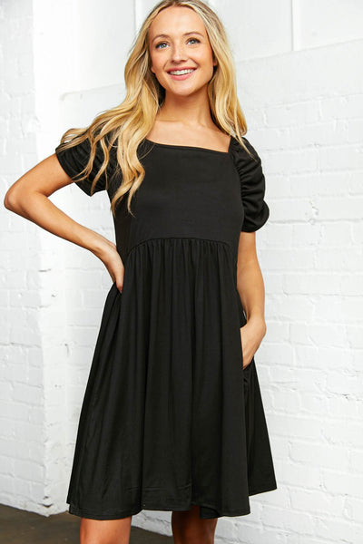 Ruched Sleeve Square Neck Babydoll Dress