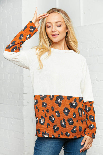 Two Tone Textured Color Block Leopard Top