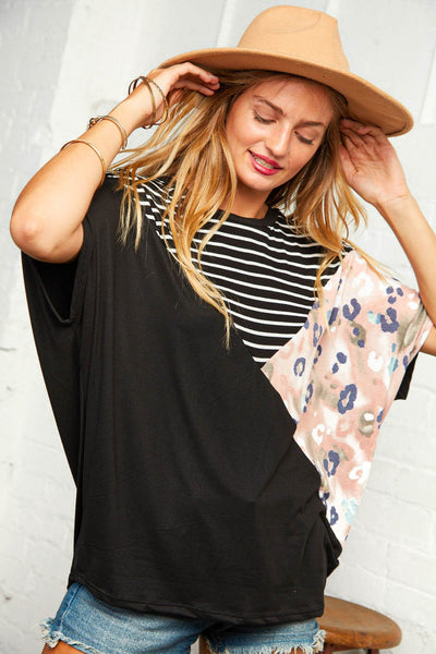 Tie Dye Leopard Stripe Color Block Dolman Top