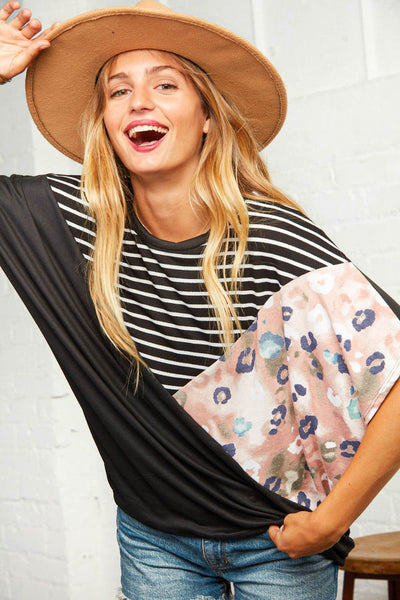 Tie Dye Leopard Stripe Color Block Dolman Top