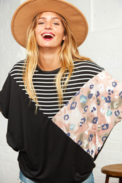 Tie Dye Leopard Stripe Color Block Dolman Top