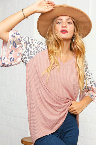 Leopard Rib Raglan Ruffle Bell Sleeve Top