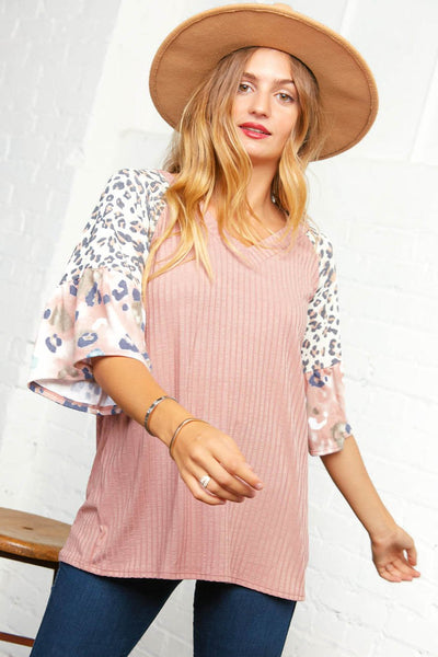 Leopard Rib Raglan Ruffle Bell Sleeve Top