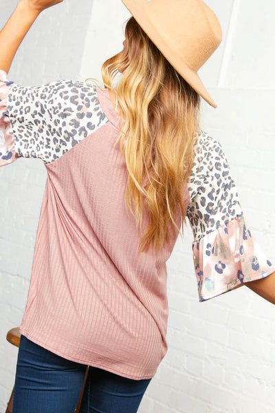 Leopard Rib Raglan Ruffle Bell Sleeve Top