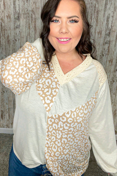 Beige Leopard Print Eyelet V Neck Raglan Top