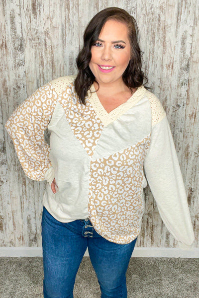 Beige Leopard Print Eyelet V Neck Raglan Top