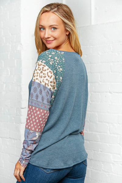 Denim Leopard Multi Print Waffle Color Block Top