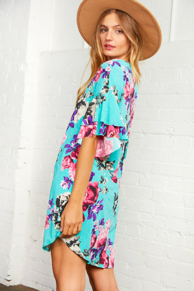 Floral Ruffle Sleeve Back Keyhole Pocketed Dress