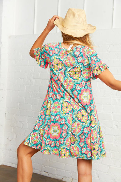 Multi Print Ruffle Sleeve Pocketed Dress