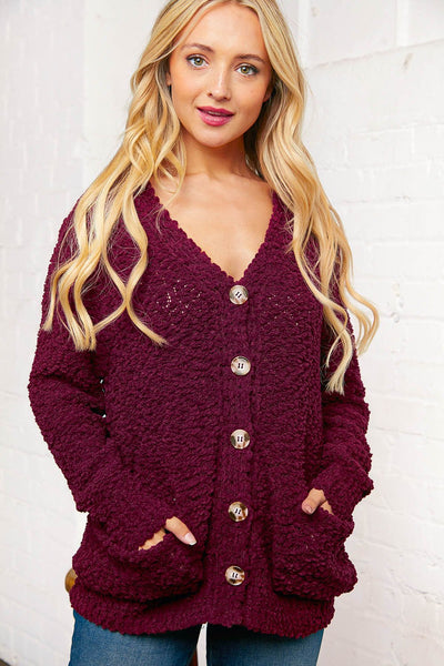 Burgundy Popcorn Knit Button Cardigan with Pockets