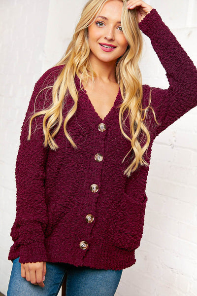 Burgundy Popcorn Knit Button Cardigan with Pockets