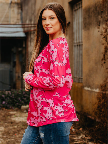 COW PRINT PINK STUDDED CAGE NECKLINE TOP