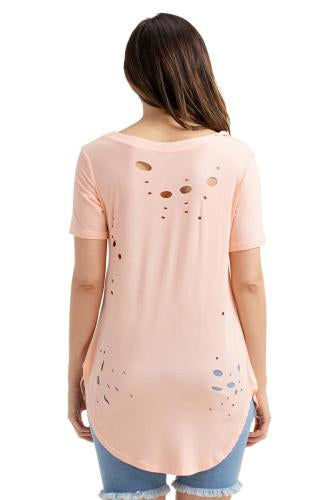 Pink Crisscross Neckline Distressed Cotton T-shirt